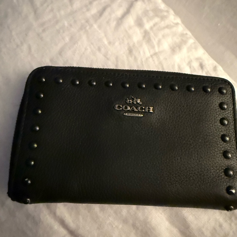 Coach Black Leather Wallet with Stud Accents